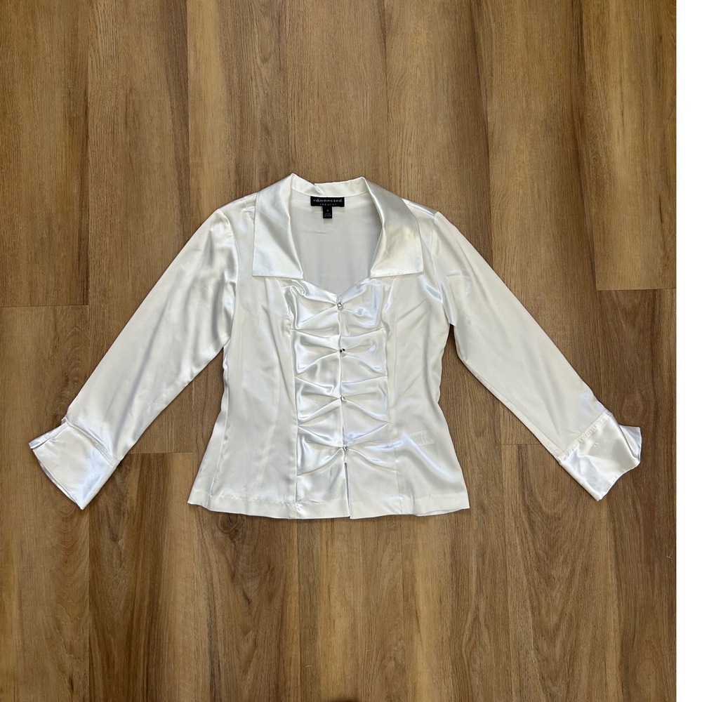 Vintage White Satin Rhinestone Bow Blouse 8 preppy officesiren